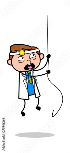Hanging on a Rope and Screaming - Professional Cartoon Doctor Vector Illustration