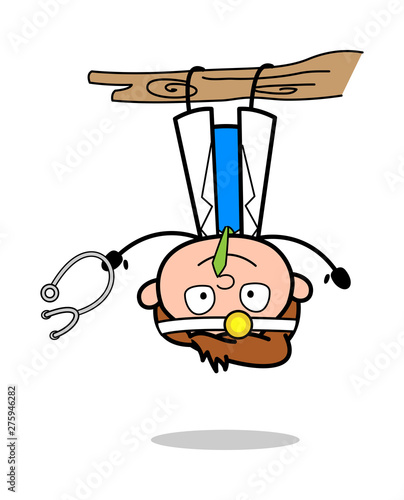 Hanging Upside Down - Professional Cartoon Doctor Vector Illustration