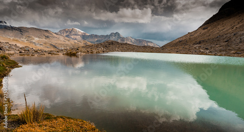 panorama view of mountain lake and landscape in the Andes of Peru photo