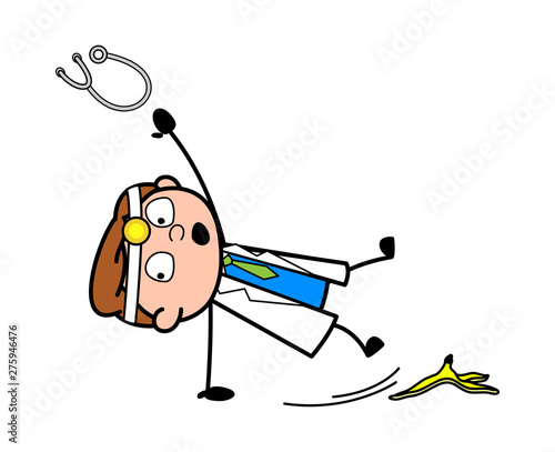 Slipped From Banana Peel - Professional Cartoon Doctor Vector Illustration