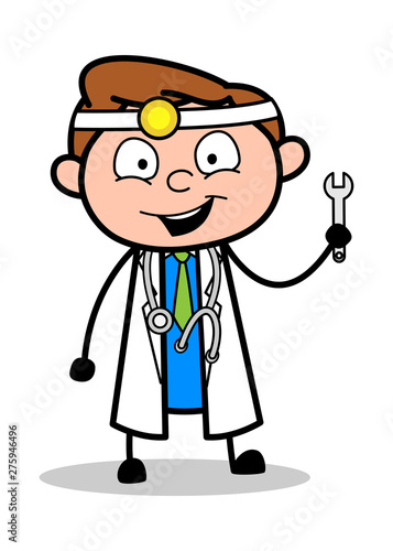 Showing Wrench Tool - Professional Cartoon Doctor Vector Illustration