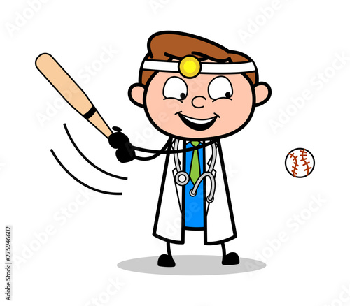 Playing Baseball - Professional Cartoon Doctor Vector Illustration