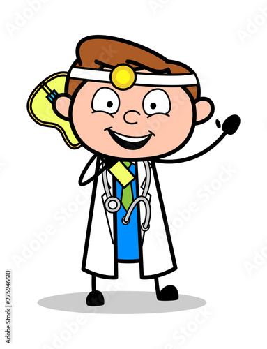 Holding a Guitar and Gesturing with Hand - Professional Cartoon Doctor Vector Illustration