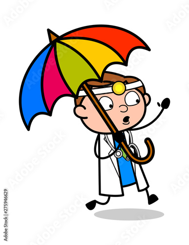 Running with Umbrella - Professional Cartoon Doctor Vector Illustration