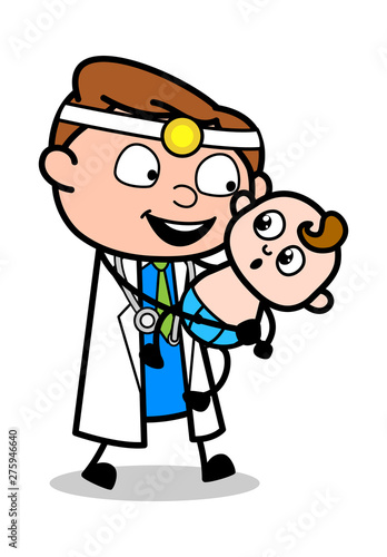 Playing with Toddler - Professional Cartoon Doctor Vector Illustration