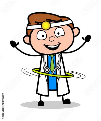 Playing with Hula Hoop - Professional Cartoon Doctor Vector Illustration