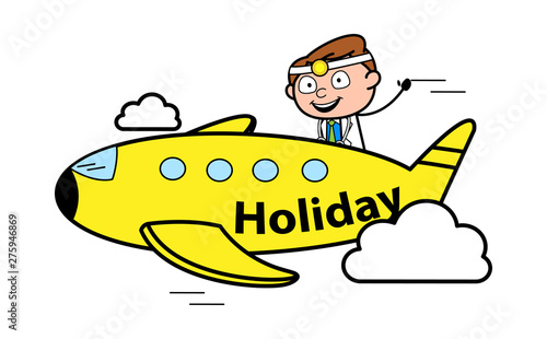 Travelling in Plane - Professional Cartoon Doctor Vector Illustration