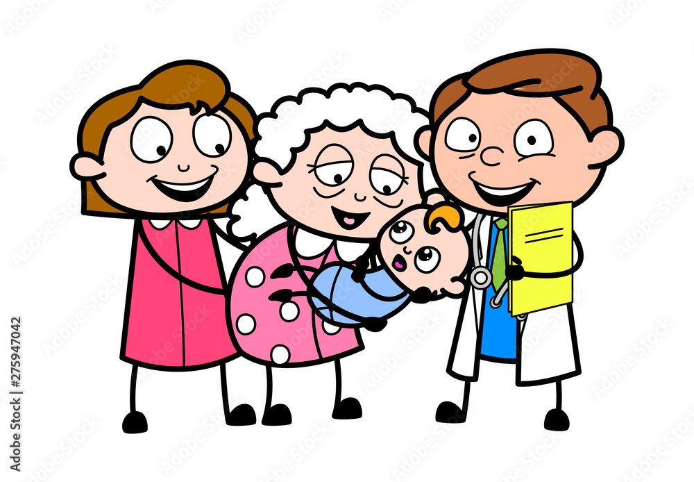 Grandma Feeling Happy with Baby - Professional Cartoon Doctor Vector  Illustration Stock Vector | Adobe Stock