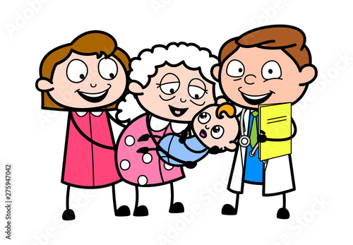 Grandma Feeling Happy with Baby - Professional Cartoon Doctor Vector Illustration