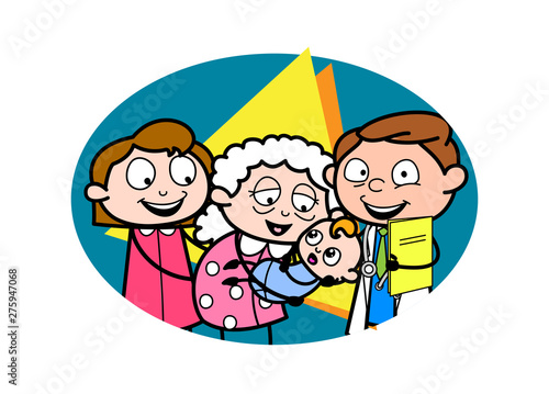 Grandma Getting Excited after Holding a Baby in Her Hands - Professional Cartoon Doctor Vector Illustration