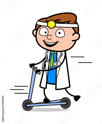 Playing with Scooter - Professional Cartoon Doctor Vector Illustration
