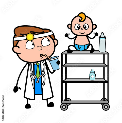 Baby Sitter Doctor Playing with Baby - Professional Cartoon Doctor Vector Illustration