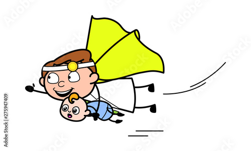 Flying with Baby - Professional Cartoon Doctor Vector Illustration