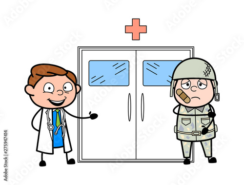 Showing Injured Army Man - Professional Cartoon Doctor Vector Illustration