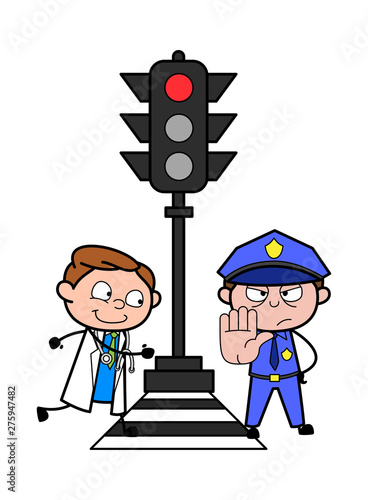 Doctor Running in Hurry and Policeman Showing Hand to Stop - Professional Cartoon Doctor Vector Illustration