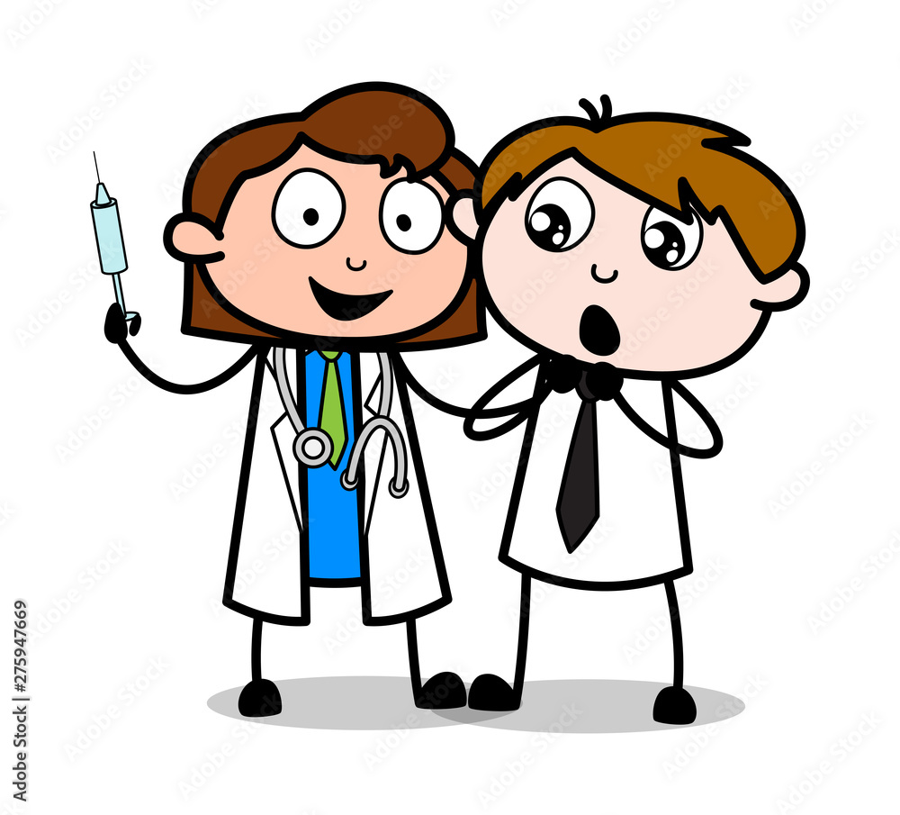 Female Doctor Holding a Syringe and Boy Scared - Professional Cartoon Doctor Vector Illustration Female Doctor Holding a Syringe and Boy Scared - Professional Cartoon Doctor Vector Illustration