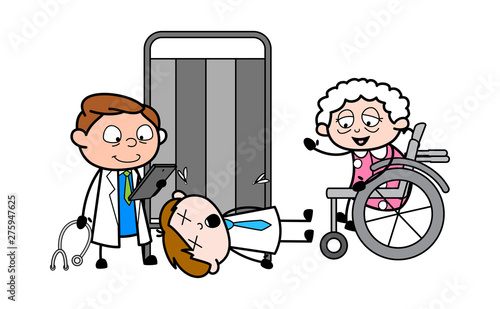 Doctor with Old Lady and Unconscious Patient - Professional Cartoon Doctor Vector Illustration