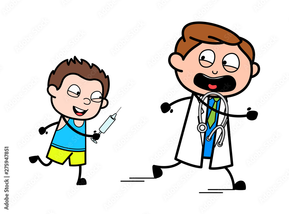 Kid Running Behind the Doctor for Vaccination - Professional Cartoon Doctor Vector Illustration Kid Running Behind the Doctor for Vaccination - Professional Cartoon Doctor Vector Illustration