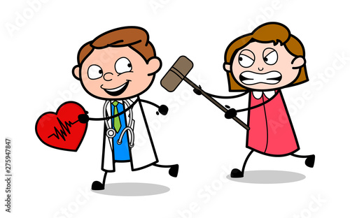 Doctor Running with Heart and Girl Running to Hit the Doctor - Professional Cartoon Doctor Vector Illustration