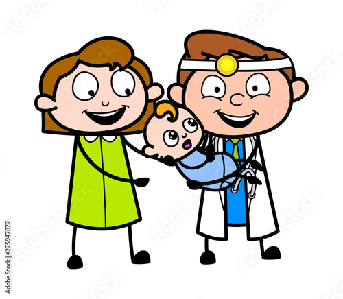 Doctor Handover The Baby to His Mother - Professional Cartoon Doctor Vector Illustration