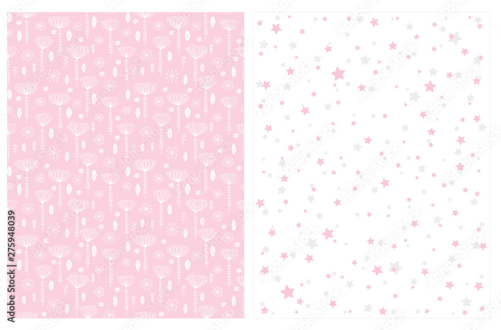 Infantile Style Seamless Vector Patterns with White Abstract Garden on a Pink Background and Pink and Gray Stars on a White.Lovely Delicaye Print for Textile, Wrapping Paper, Printing.Baby Girl Party.