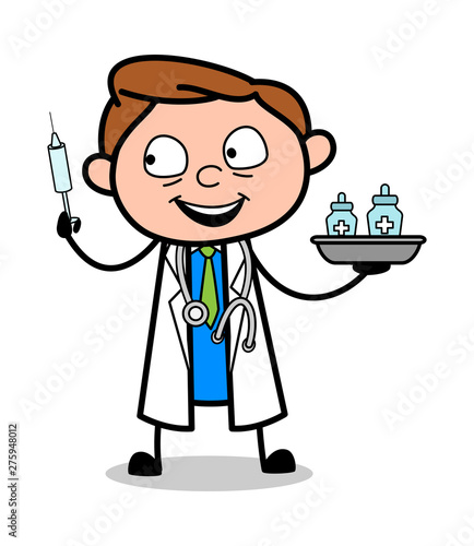 Doctor Showing Vaccination Items - Professional Cartoon Doctor Vector Illustration