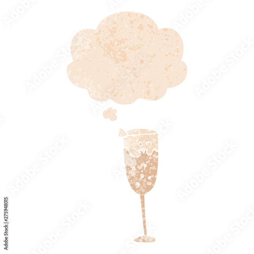 cartoon champagne glass and thought bubble in retro textured style