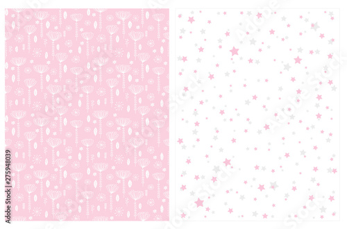 Infantile Style Seamless Vector Patterns with White Abstract Garden on a Pink Background and Pink and Gray Stars on a White.Lovely Delicaye Print for Textile, Wrapping Paper, Printing.Baby Girl Party.