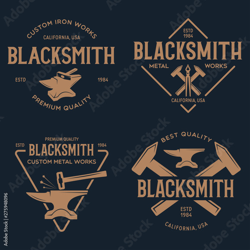 Blacksmith labels set. Design elements for metalworks service emblems, badges, logos. Monochrome seal collection.