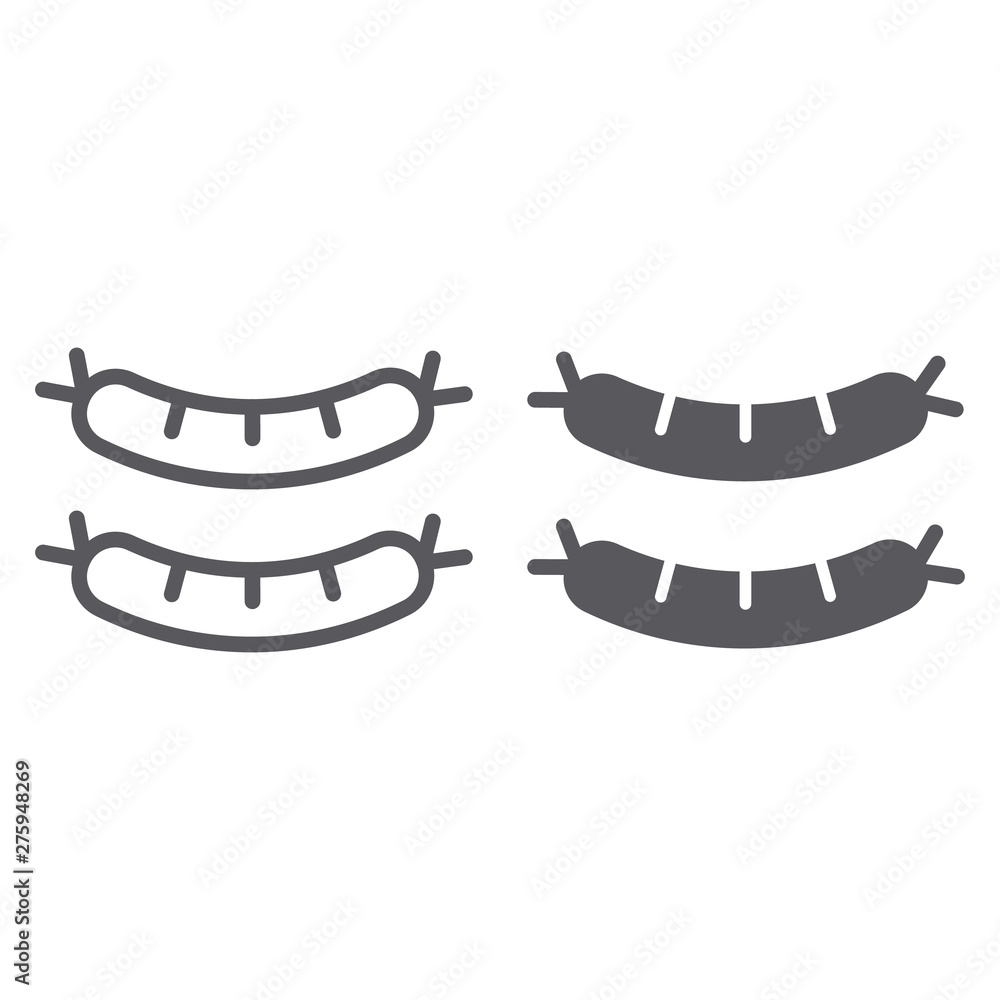 Fried sausages line and glyph icon, food and meat, grilled sausage sign, vector graphics, a linear pattern on a white background. Fried sausages line and glyph icon, food and meat, grilled sausage sign, vector graphics, a linear pattern on a white background.