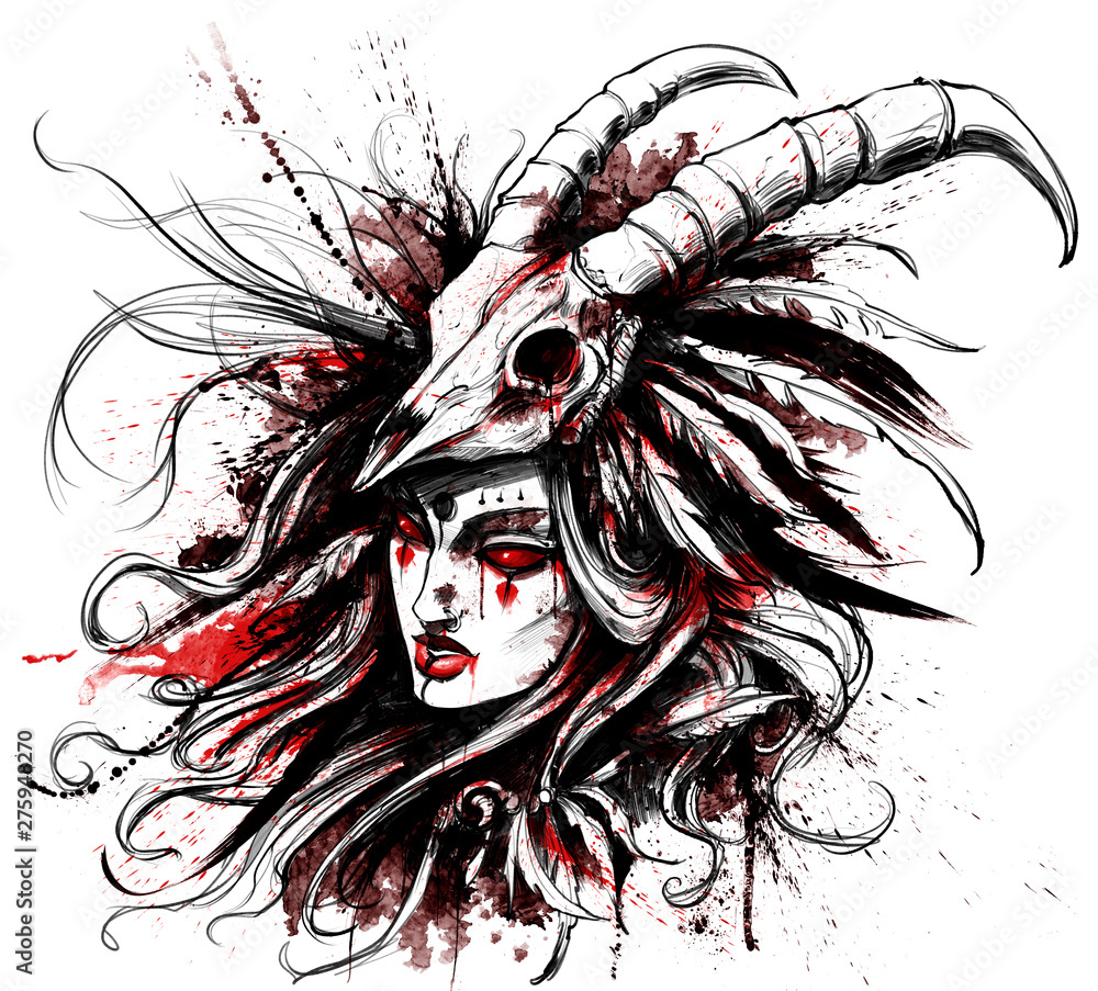 Creepy bloody woman shaman with the skull of a RAM on his head.  Illustration Stock | Adobe Stock