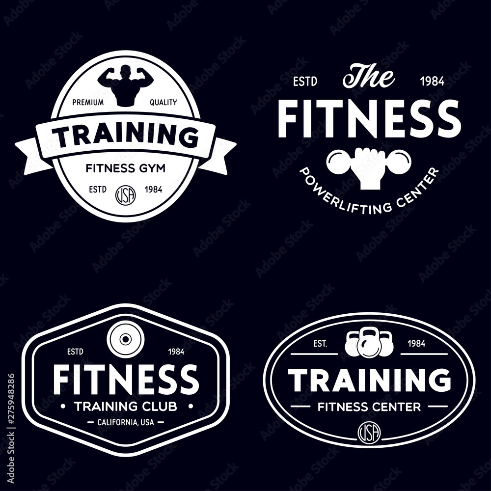 Obraz premium Set of fitness badges with sport equipment and people. Labels in vintage style with sport silhouette symbols.