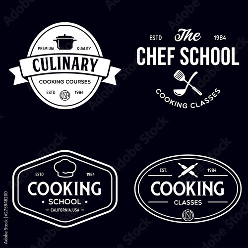 Set of vintage retro handmade badges, labels and logo elements, retro symbols for cooking school, culinary courses, food or home cooking.