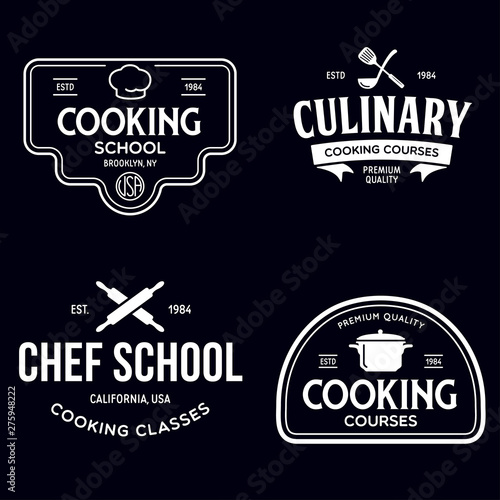 Set of vintage retro handmade badges, labels and logo elements, retro symbols for cooking school, culinary courses, food or home cooking.