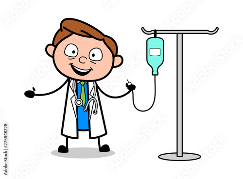 Doctor Presenting IV Bottle - Professional Cartoon Doctor Vector Illustration