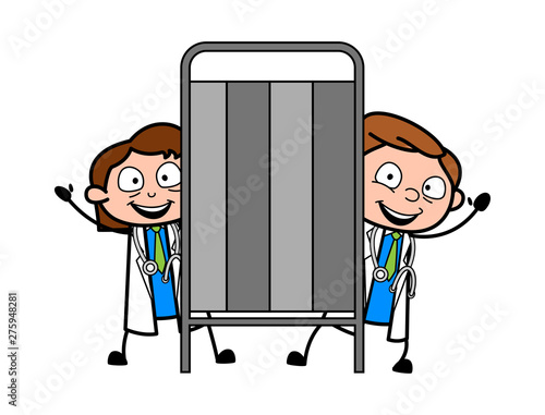 Standing Behind the Partition Wall and Gesturing with Hand - Professional Cartoon Doctor Vector Illustration