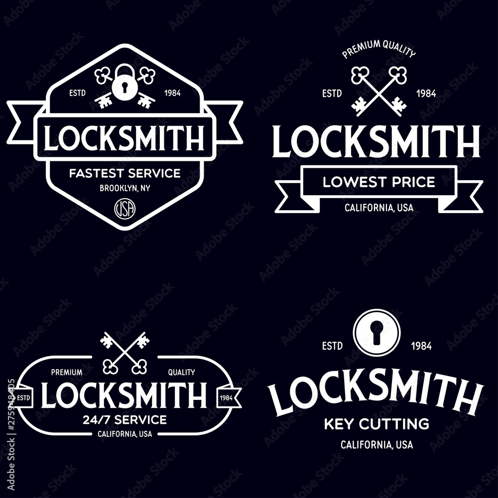 Set of vintage locksmith logo, retro styled key cutting service emblems