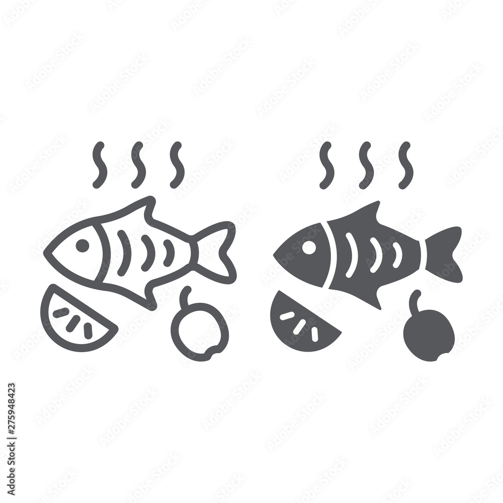 Fried fish line and glyph icon, food and sea, grilled fish sign