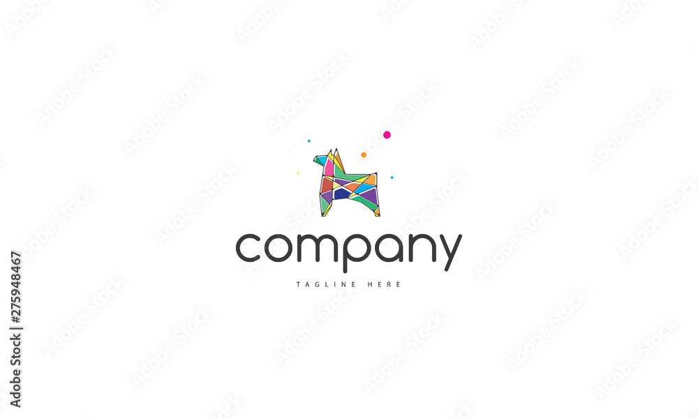 A vector logo on which is an abstract image of a dog composed of colored geometric shapes.