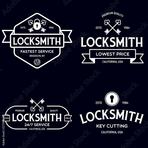 Set of vintage locksmith logo, retro styled key cutting service emblems, badges, design elements, logotype templates.