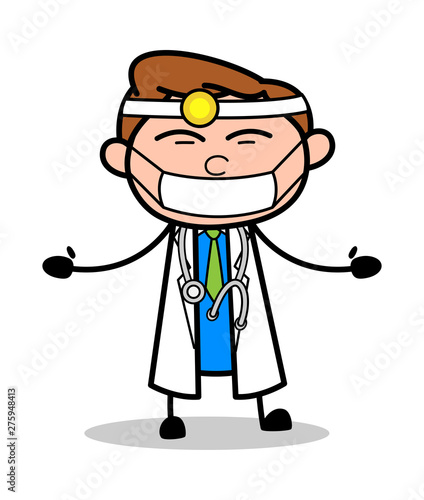 Wearing a Medical Mask and Gesturing with Hand - Professional Cartoon Doctor Vector Illustration