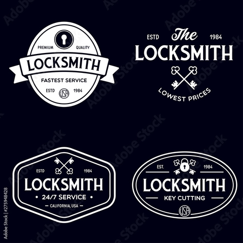 Set of vintage locksmith logo, retro styled key cutting service emblems, badges, design elements, logotype templates.