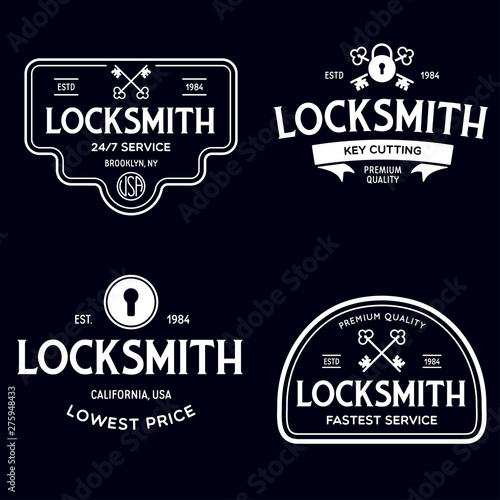 Set of vintage locksmith logo, retro styled key cutting service emblems, badges, design elements, logotype templates.