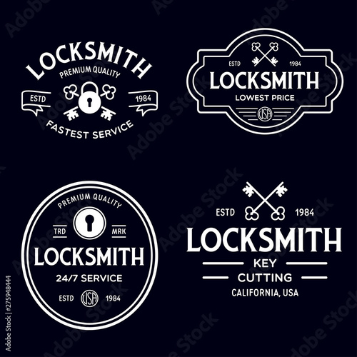 Set of vintage locksmith logo, retro styled key cutting service emblems, badges, design elements, logotype templates.