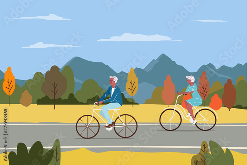 Healthy active lifestyle retiree grandparents. Elderly senior people characters cycling together in the city autumn park cartoon vector illustration.