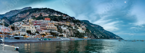 Sunset landscape of Positano resort at Amalfi coast, Italy.