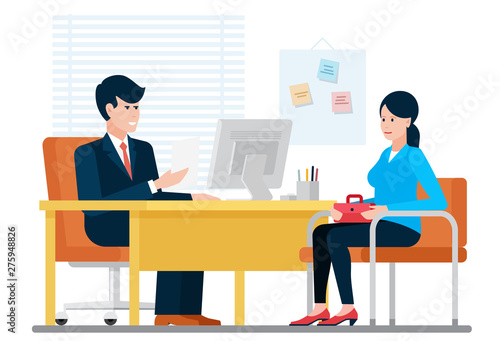 Woman having a job interview recruiting with hr businessman while sitting near desk in office vector illustration.