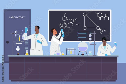 Laboratory young scientists assistants work in scientific medical chemical or biological lab doing experiments vector illustration.
