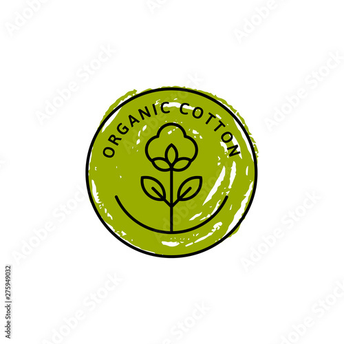 Natural Organic Cotton Liner labels and badges and hand draw pencil texture - Vector Round Icon ,Sticker, Logo, Stamp
