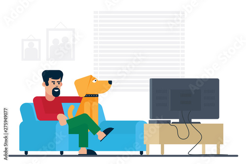 Watching TV at home. Man with dog flat vector illustration.